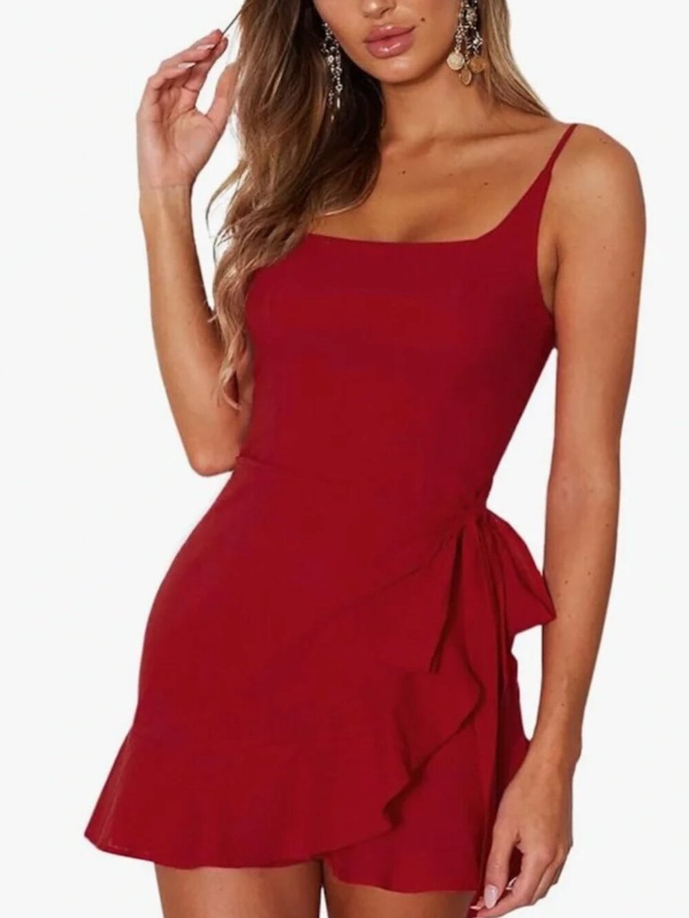 Women's Short Red Dress Spaghetti Strap Waist Tie Knot Wrap Front Ruffle Hem